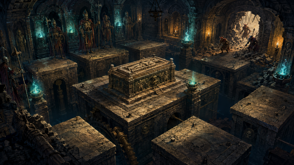 A sarcophagus in a crypt with a shifting floor