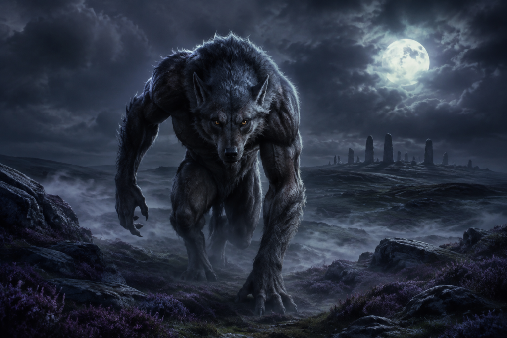 a werewolf stalking misty moors under a full moon