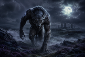 a werewolf stalking misty moors under a full moon