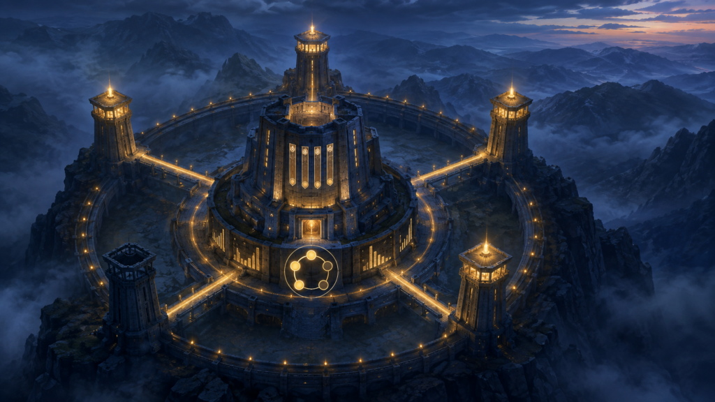 5 watch towers around a central bastion representing campaign resilience