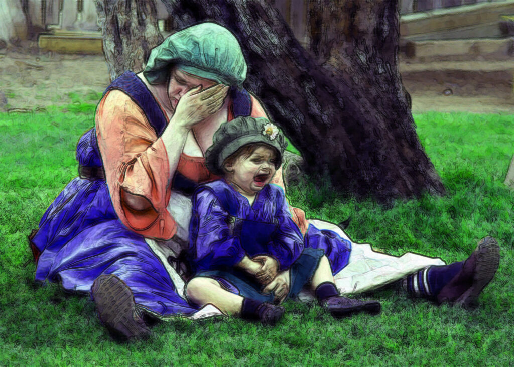 A distressed adult and crying child sitting beneath a tree, evoking the aftermath of a disastrous loss