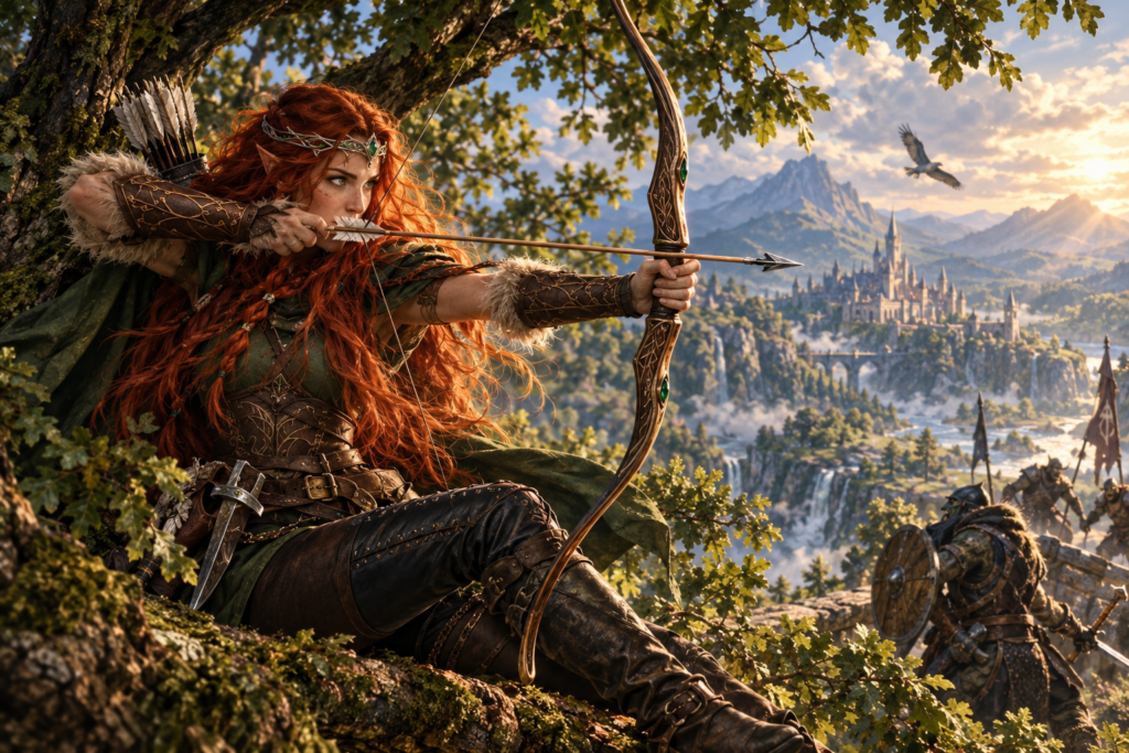arcane archer lines up the perfect shot with bow and arrow