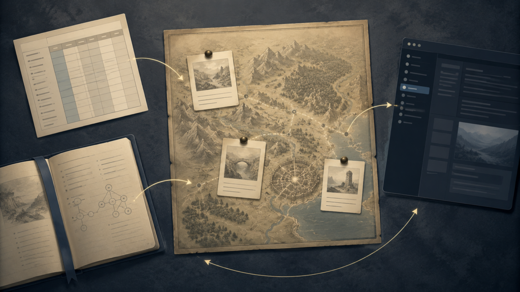 Fantasy campaign map connected to a spreadsheet, notebook, and digital planning interface, illustrating portable Dungeon Master prep data.