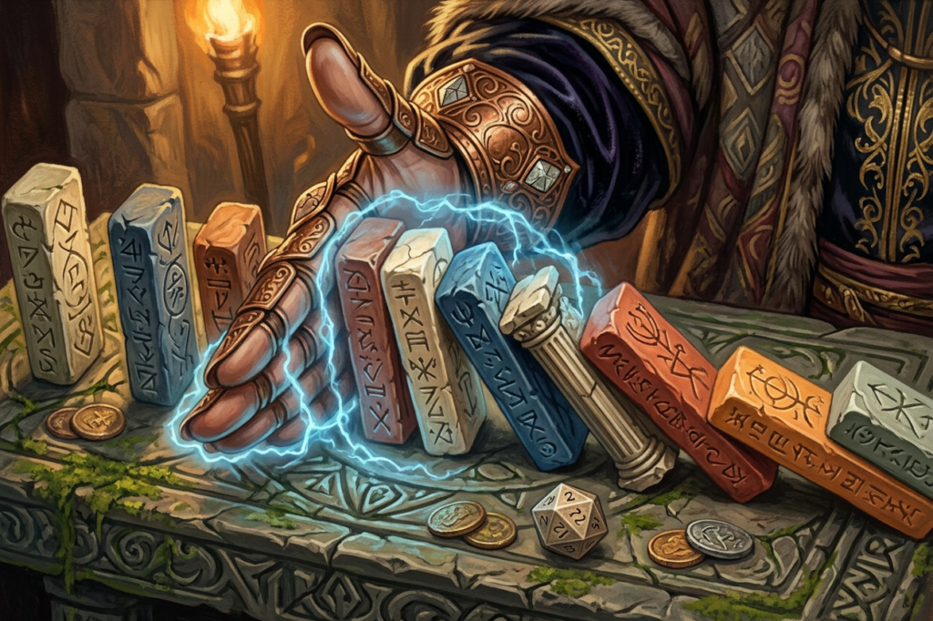 A hand strategically stops falling blue and red domino blocks on a table.